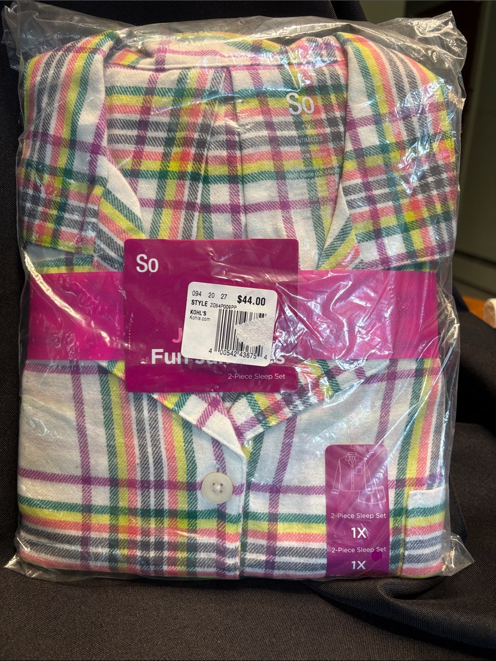 SO Women's Plaid 2-Piece Pajama Set in White, Pink, Yellow, Green, Purple